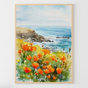 Big Sur Painting Poppy Watercolor California Landscape Coastal Wall Art California Poppy Poster