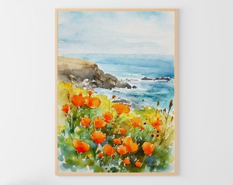 Big Sur Painting Poppy Watercolor California Landscape Coastal Wall Art California Poppy Poster