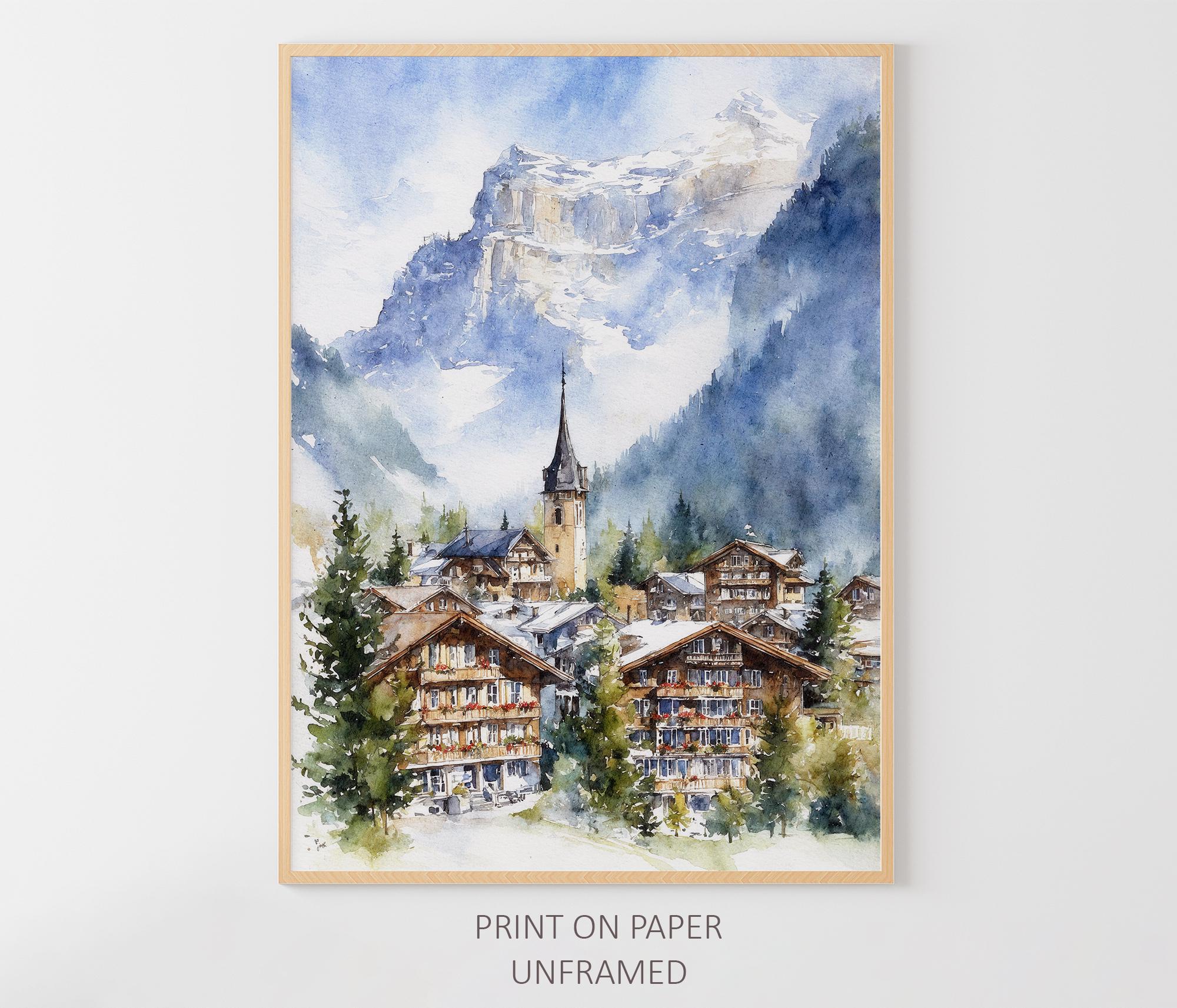 アルプスの村の絵画 スイス 水彩画プリント ヴェンゲン ポスター