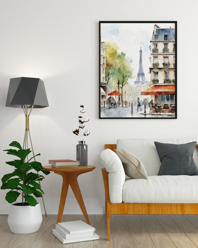Akvarellkonsttryck i Paris stadsbild: Eiffeltornets caféscen bild 6