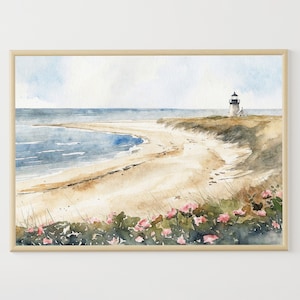 ケープコッドの絵画 沿岸の水彩画 風景 灯台 アートプリント ビーチハウス 壁飾り 海の道 アートワーク