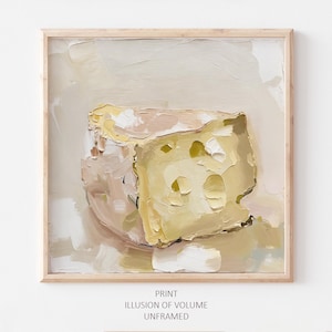 Impresión de aceite de queso Pintura de alimentos Arte de pared de cocina Póster de queso suizo Impresión artística de color neutro a partir de una pintura al óleo original
