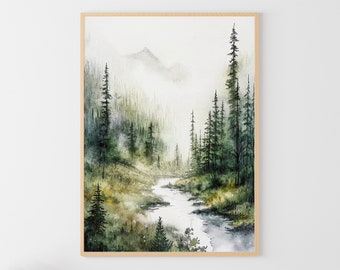 Salmon River Watercolor Print Mountain River Painting Idaho Wall Art Pine Forest Poster Misty Landscape