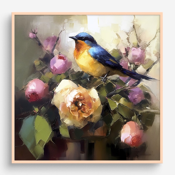 Little Bird Oil Painting Eastern Sialia Artwork Floral Wall Art Little Bluebird PRINT from an oil painting