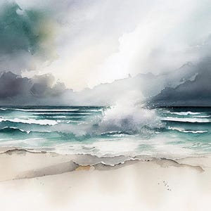 Ozean Gemälde Stürmisches Meer Aquarell Ozean Strand Wand Kunst Wellen Kunstdruck Panorama Meerlandschaft Poster