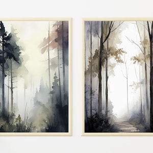 Nebliger Wald Aquarell Malerei 2er Set Druck Kiefern Bäume Poster Kiefernwald Kunstwerk Nebliger Wald Wandkunst