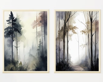 Misty Forest Set of 2 Watercolor Prints Foggy Pine Painting Evergreen Tree Wall Art