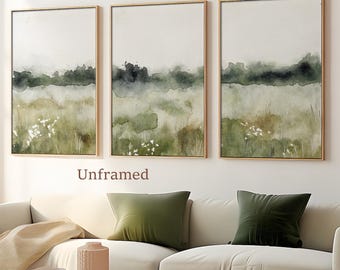 Meadow Landscape Art Prints Set: Neutral Green Pastoral Watercolor