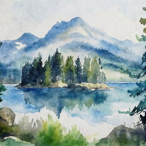 バンフ国立公園の水彩画、カナダの風景画、山、湖、壁画、松の木のアートワーク