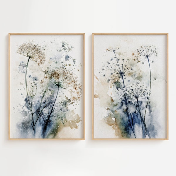 Queen Anne's Lace Set Of 2 Watercolor Art Prints Blue beige Wall Art Wildflowers Painting Floral Wall Art Flowers Poster