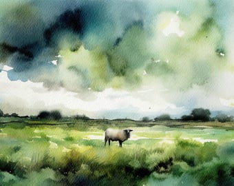 Sheep Painting Irish Landscape Watercolor Lamb Artwork Ireland Wall Art Green Nature Art Print