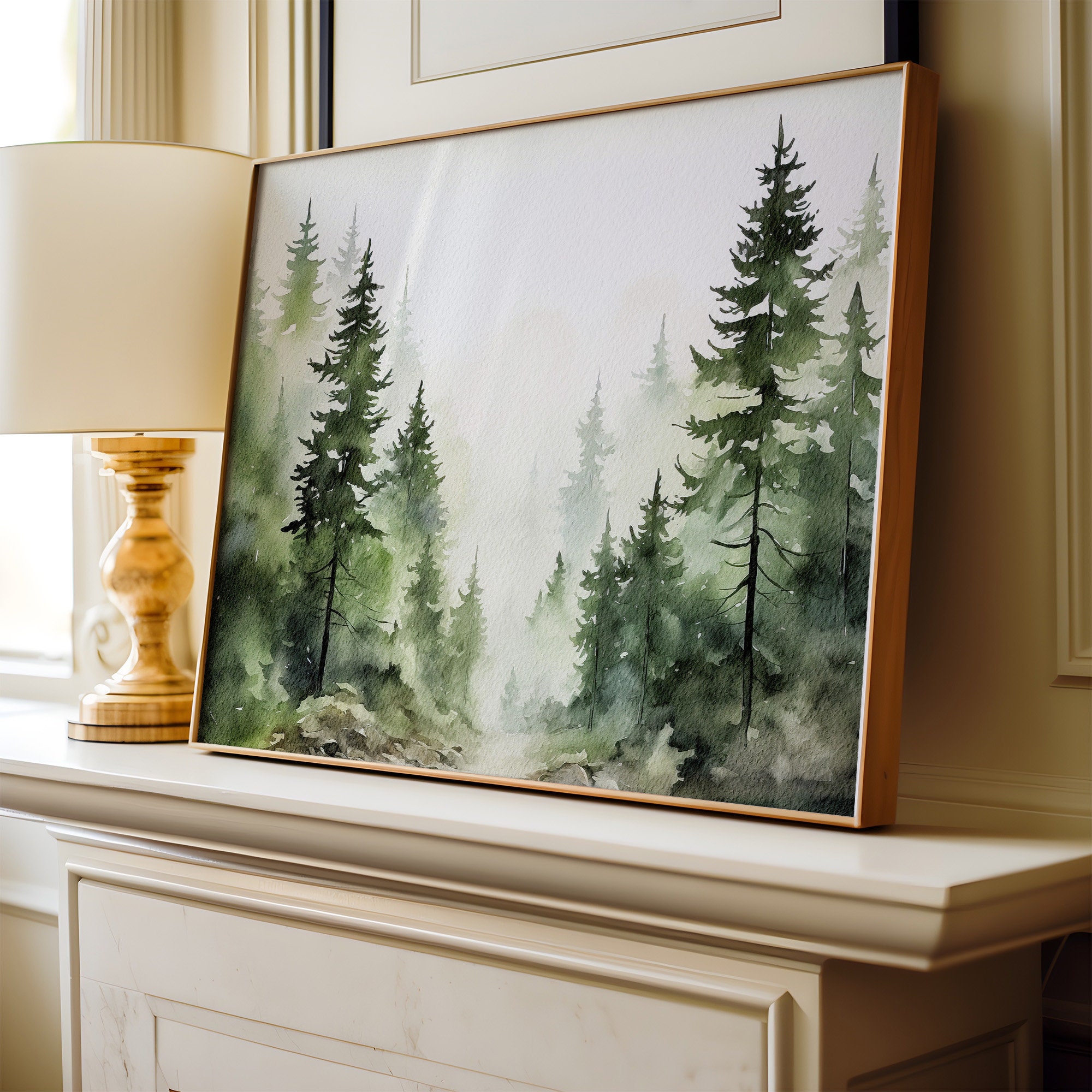 Evergreen Trees Painting Pine Forest Watercolor Misty Forest Art Print ...