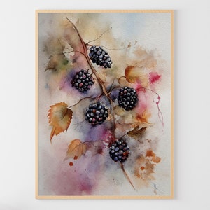 Blackberry Watercolor Painting Kitchen Wall Art Berries Art Print Forest Plants Poster