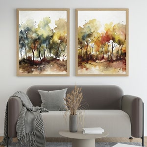 Fall Trees Watercolor Set of 2 Prints Autumn Painting Trees Wall Art ...