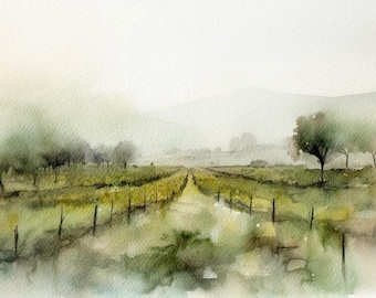 Napa Valley Vineyard Watercolor Art Print: California Landscape