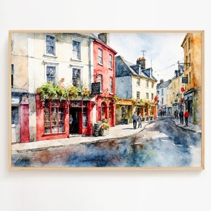 Galway acuarela impresión Irlanda pintura paisaje urbano irlandés cartel Quay Street Wall Art Old Town Artwork