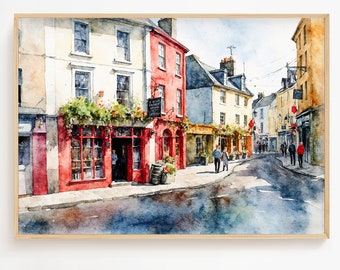 Galway Watercolor Print Ireland painting Irish Cityscape Poster Quay Street Wall Art Old Town Artwork