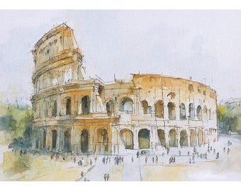 ローマの絵画、コロッセオの絵、イタリアの建築、ローマの壁画、水彩画