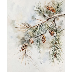 Pine Branch Watercolor Print, Evergreen Tree Art Snowy Forest Wall Decor