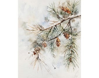 Pine Branch Watercolor Print, Evergreen Tree Art Snowy Forest Wall Decor