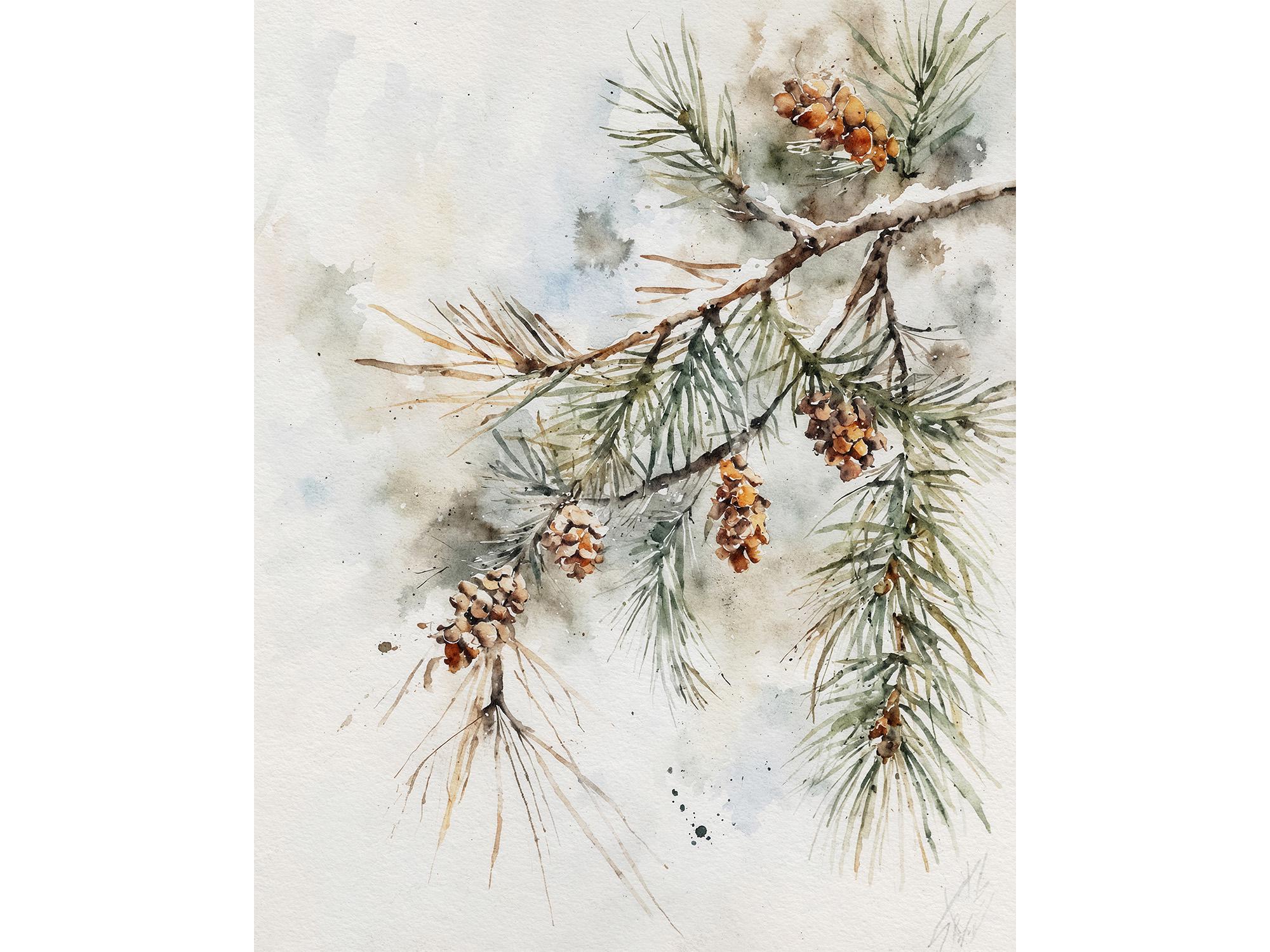 松の枝の水彩画、常緑樹のアート、雪の森の壁装飾 - Etsy 日本