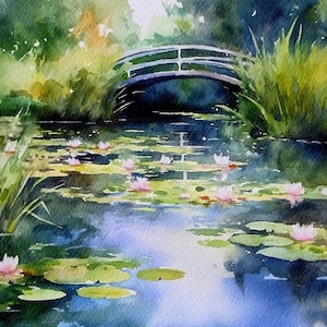 Staw z liliami wodnymi Akwarela Malarstwo Monet Staw Sztuka Wydruk Zielony Niebieski Ścienna Sztuka Letni Krajobraz