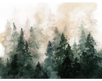 Misty Pine Forest Watercolor Art Print Foggy Forest Painting Panoramic Landscape