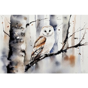 Weiße Eule Aquarell Malerei Winter Wald Wandkunst Schleiereule Poster Waldvogel Wandkunst