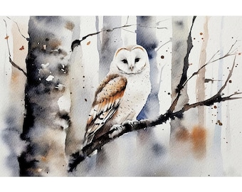 White Owl Watercolor Painting Winter Forest Wall Art Barn Owl Poster Forest Bird Wall Art
