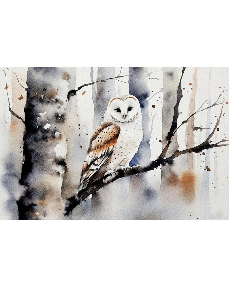 White Owl Watercolor Painting Winter Forest Wall Art Barn Owl Poster ...