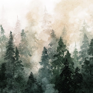 Kiefernwald Aquarell Nebliger Wald Kunstdruck Kiefer Malerei Panorama Landschaft Neutral Großes Aquarell