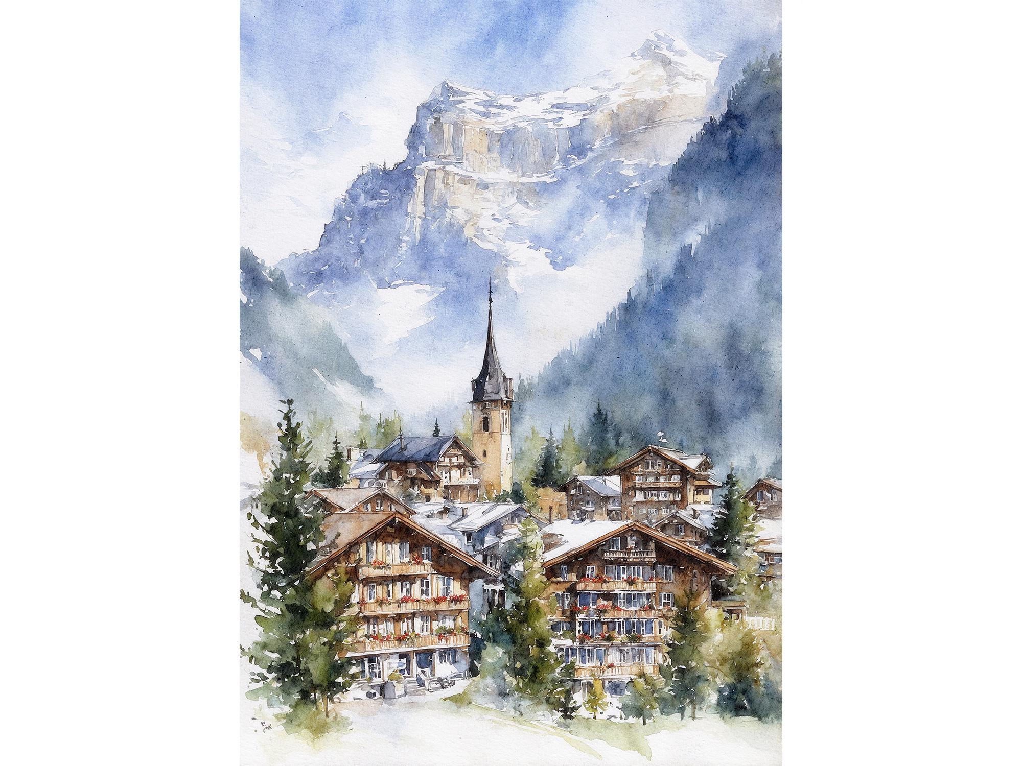 絵画　アルプスの風景画 アルプスの村の絵画 スイス 水彩画プリント ヴェンゲン ポスター