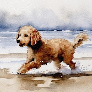 Running Dog on Beach Painting Poodle Art Large Watercolor Print Ocean Wall Art Neutral Wall Art