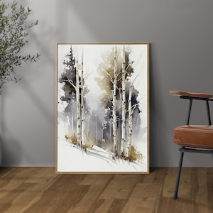 May include: Watercolor painting of a forest scene with tall, thin trees in shades of gray and brown. The trees are set against a light gray background with hints of blue and purple.