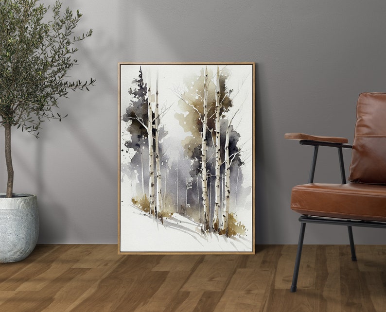 May include: Watercolor painting of a forest scene with tall, thin trees in shades of gray and brown. The trees are set against a light gray background with hints of blue and purple.