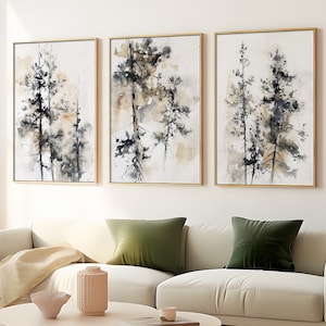 松の木の水彩画 3枚セット プリント 常緑樹の絵画 ニュートラルカラー ウォールアート 農家の壁装飾 自然ポスター