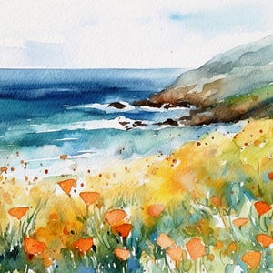 Big Sur Poppy Art Print: California Coast Watercolor Landscape