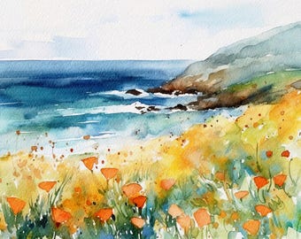 Mohnblume Kunstdruck: Kalifornische Küste Aquarell Landschaft