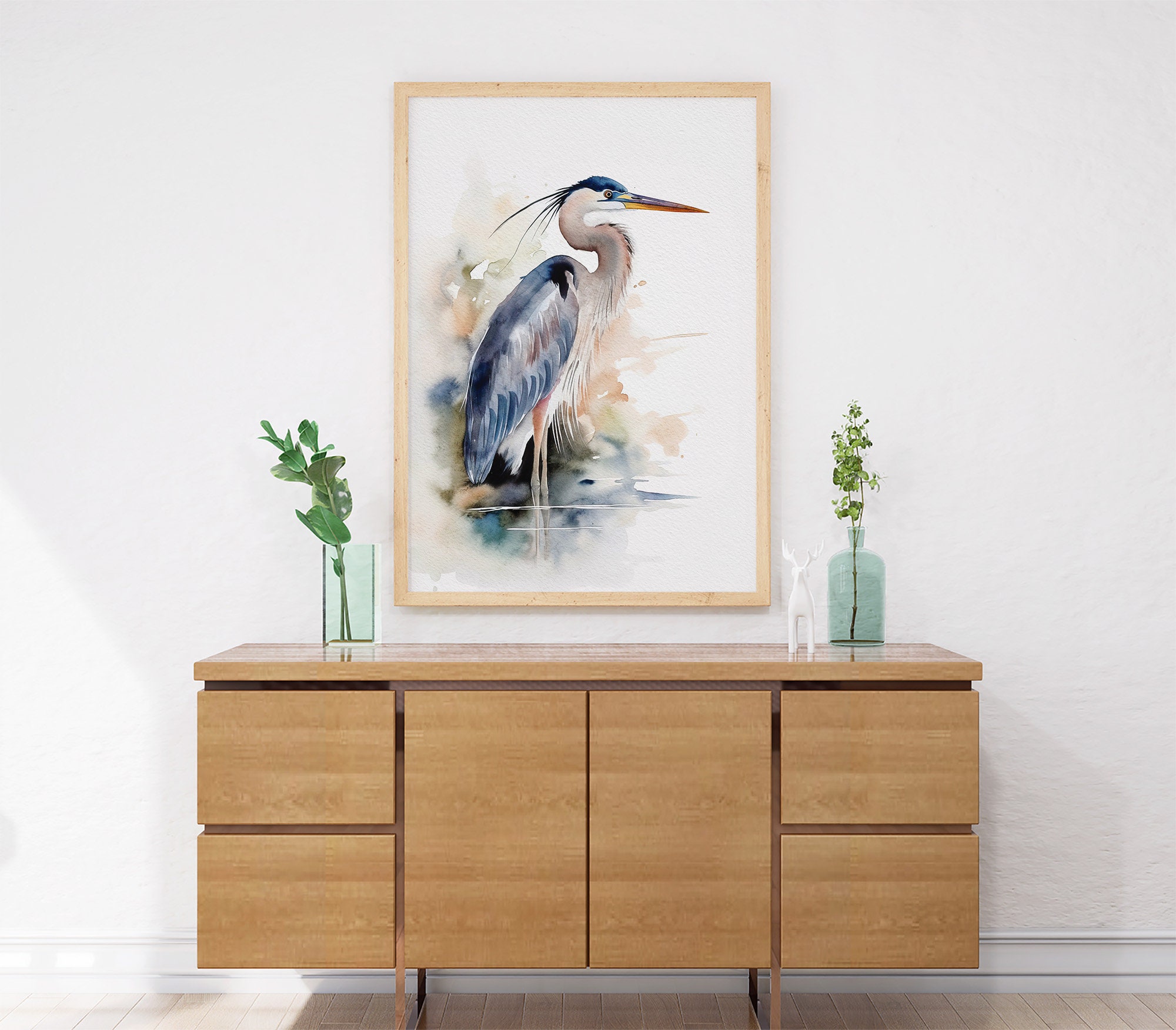 オオアオサギの水彩画、サギの鳥のアートプリント、沿岸の鳥のポスター