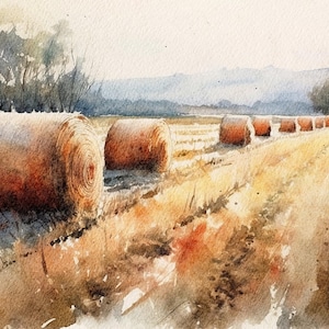 Haystacks Painting Hay Field Watercolor Countryside Art Print Farm Landscape