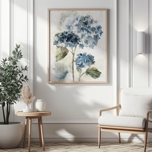 May include: A watercolor painting of blue hydrangeas with green leaves on a white background.