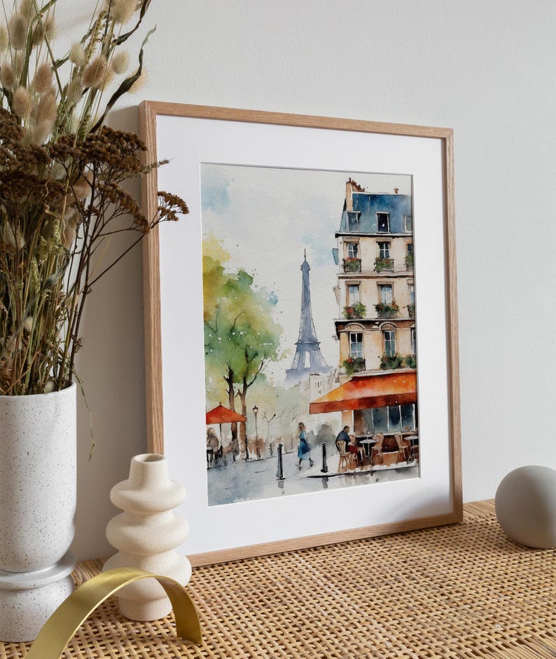 Akvarellkonsttryck i Paris stadsbild: Eiffeltornets caféscen bild 5