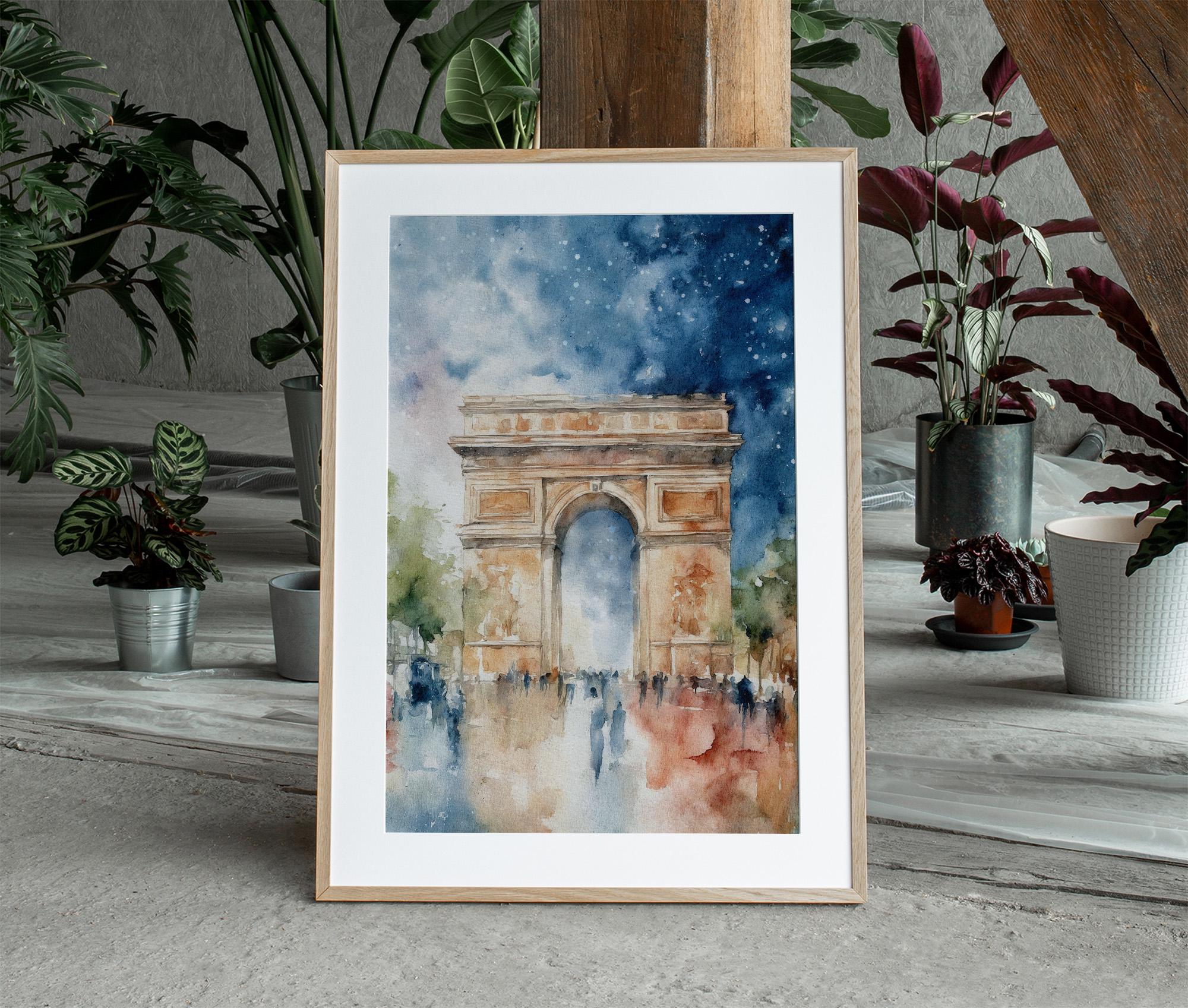 パリ凱旋門の水彩画アートプリント：夜の街並みのポスター - Etsy 日本