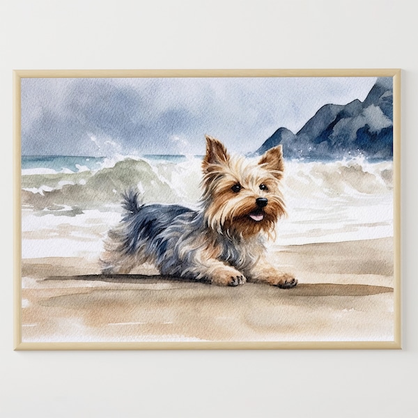 Chien sur la plage, Yorkshire Terrier, impression aquarelle, art mural côte océanique, art mural animaux de compagnie