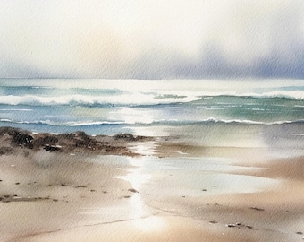 Ocean Beach Painting Seascape Watercolor Nautical Art print Neutral Wall Art Calm Sea Poster