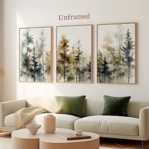 Pinienwald 3er Set Aquarell Prints Nebliger Wald immergrüne Bäume Poster Waldlandschaft Neutral grüne Wandkunst