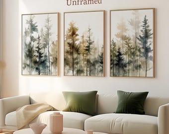 Pinienwald 3er Set Aquarell Prints Nebliger Wald immergrüne Bäume Poster Waldlandschaft Neutral grüne Wandkunst