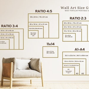 Puede incluir: Una gu&iacute;a de tama&ntilde;os de arte de pared con diferentes proporciones y tama&ntilde;os para arte de pared imprimible. La gu&iacute;a incluye proporciones de 4:5, 3:4, 2:3 y 11x14. Los tama&ntilde;os se enumeran en pulgadas y cent&iacute;metros. La gu&iacute;a tambi&eacute;n incluye tama&ntilde;os de papel est&aacute;ndar como A1, A2, A3 y A4.