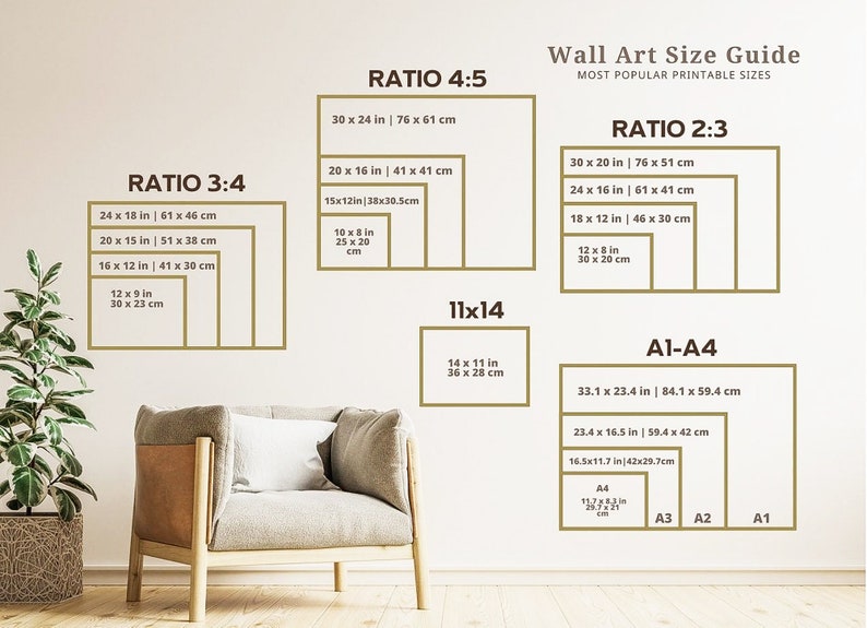 Puede incluir: Una gu&iacute;a de tama&ntilde;os de arte de pared con diferentes proporciones y tama&ntilde;os para arte de pared imprimible. La gu&iacute;a incluye proporciones de 4:5, 3:4, 2:3 y 11x14. Los tama&ntilde;os se enumeran en pulgadas y cent&iacute;metros. La gu&iacute;a tambi&eacute;n incluye tama&ntilde;os de papel est&aacute;ndar como A1, A2, A3 y A4.