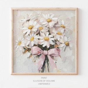 Daisy Öldruck Rosa Schleife Kunst Wildblumen Blumenstrauß Neutral Beige Botanischer DRUCK von einem original Ölgemälde